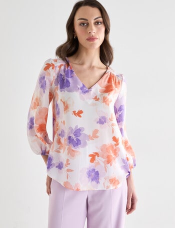 Oliver Black V-Neck Satin Top, Coral Floral product photo