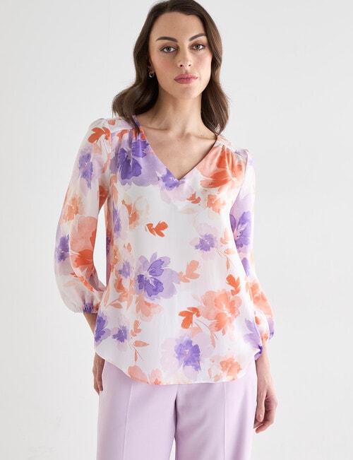 Oliver Black V-Neck Satin Top, Coral Floral product photo