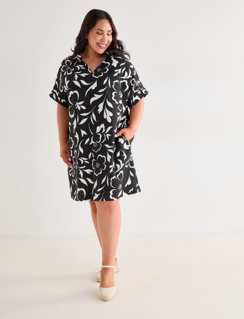 Studio Curve Linen Blend Collared Shift Dress, Black Floral product photo