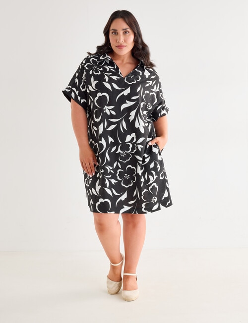 Studio Curve Linen Blend Collared Shift Dress, Black Floral product photo View 03 L