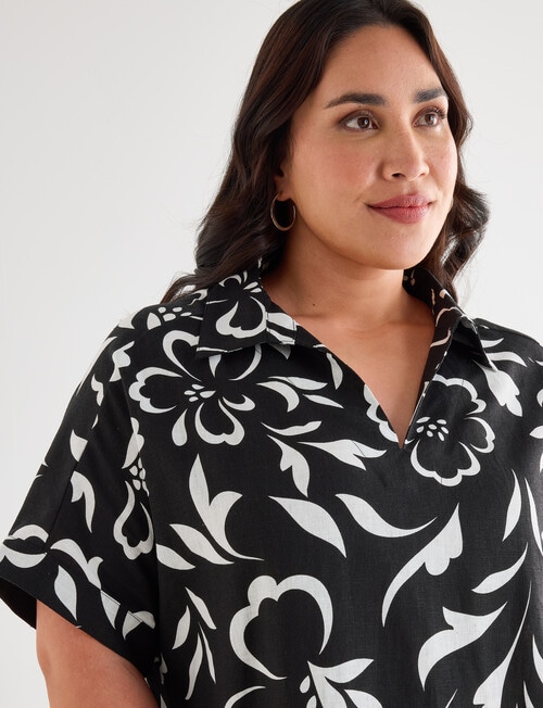 Studio Curve Linen Blend Collared Shift Dress, Black Floral product photo View 04 L