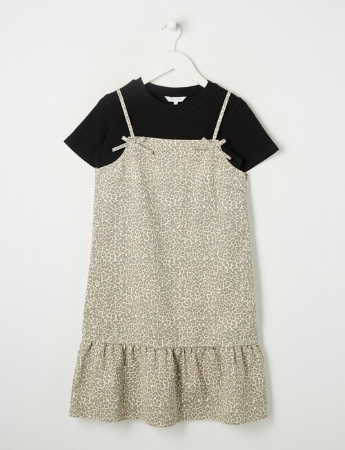 Switch Short Sleeve Bow Strap Leopard Denim Dress Set, Natural product photo
