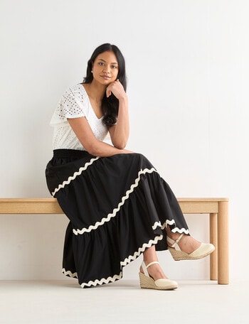 Whistle Shirred Waist Ric Rac Skirt, Black product photo