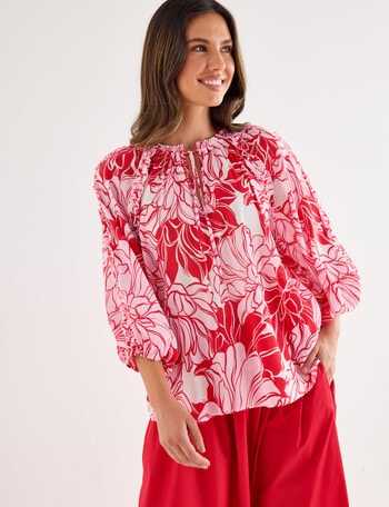 Whistle Three Quarter Sleeve Ruffle Blouse, Pink Print product photo