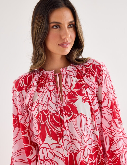 Whistle Three Quarter Sleeve Ruffle Blouse, Pink Print product photo View 04 L