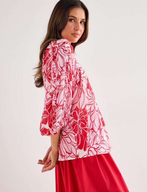 Whistle Three Quarter Sleeve Ruffle Blouse, Pink Print product photo View 05 L