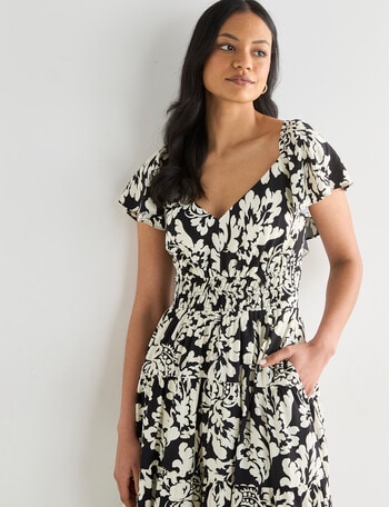 Whistle V Neck Tiered Party Dress, Black Mono Print product photo