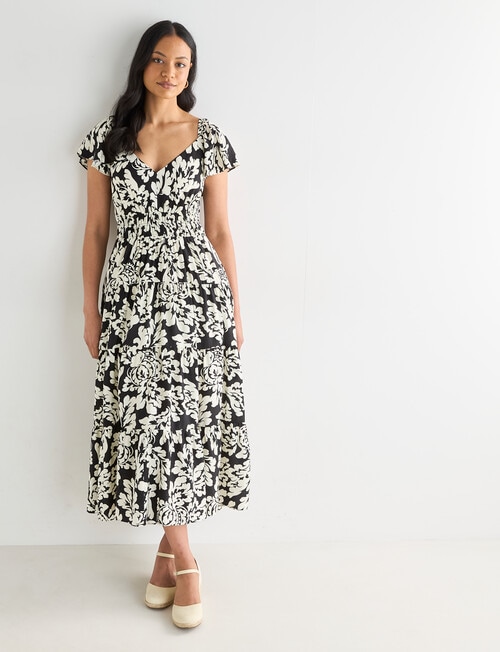 Whistle V Neck Tiered Party Dress, Black Mono Print product photo View 03 L