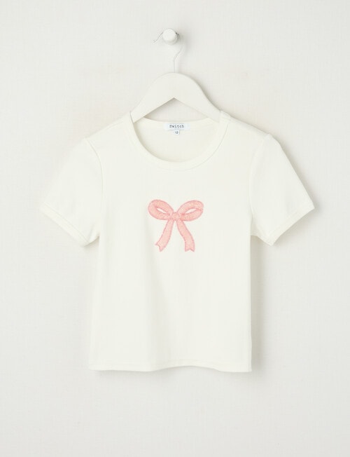 Switch Short Sleeve Beaded Bow Baby Tee, Vanilla product photo