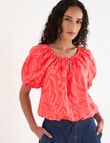 Zest Linen Lotus Floral Puff Sleeve Top, Coral product photo