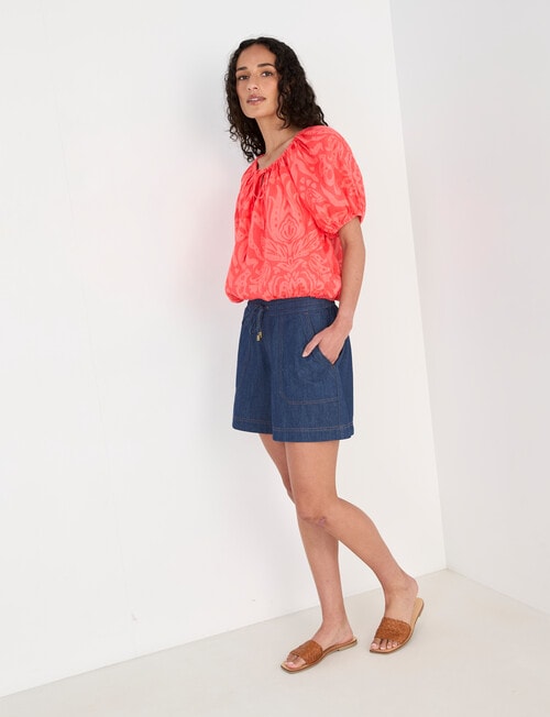Zest Linen Lotus Floral Puff Sleeve Top, Coral product photo View 03 L