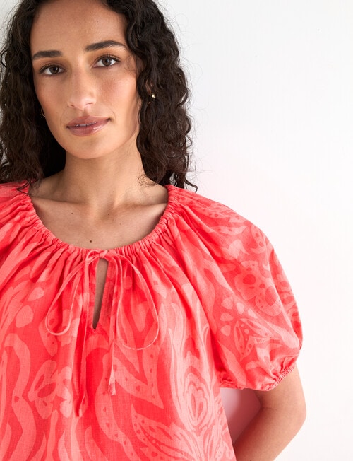 Zest Linen Lotus Floral Puff Sleeve Top, Coral product photo View 04 L