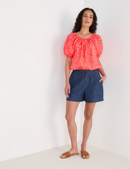 Zest Linen Lotus Floral Puff Sleeve Top, Coral product photo View 05 L