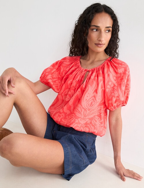 Zest Linen Lotus Floral Puff Sleeve Top, Coral product photo View 06 L