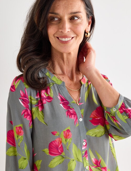 Ella J Pleat Detail Shirt, Sage Tropical Print product photo