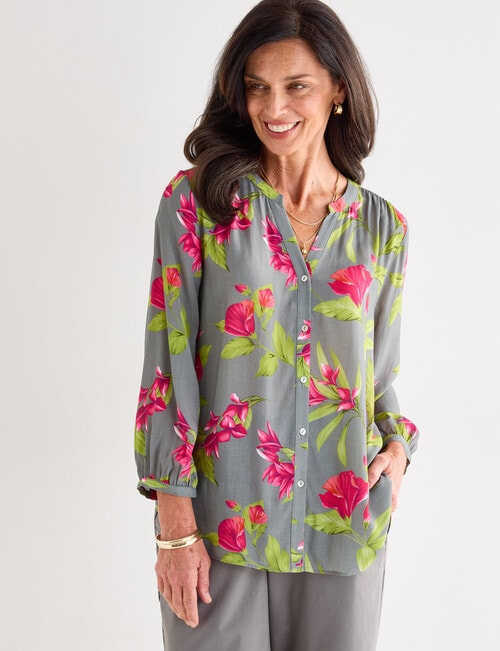 Ella J Pleat Detail Shirt, Sage Tropical Print product photo View 04 L