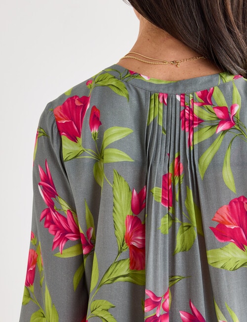 Ella J Pleat Detail Shirt, Sage Tropical Print product photo View 05 L