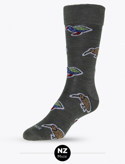 NZ Sock Co. Touist Kiwi & Pukeko Merino Sock, Olive product photo