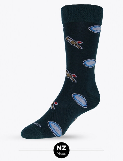 NZ Sock Co. Tourist Rugby Ball & Cricket Bat Merino Sock, Green product photo