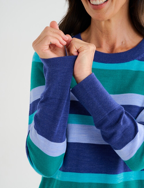 Ella J Merino Crew Neck Jumper, Blue & Green Stripe product photo View 04 L