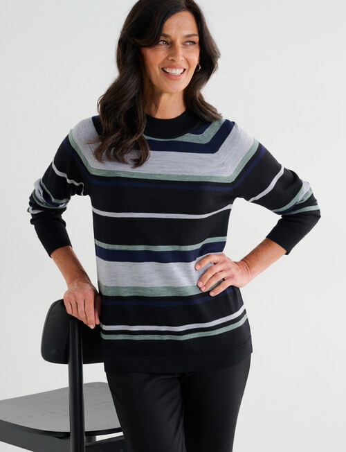 Ella J Merino Turtle Neck Jumper, Black Stripe product photo