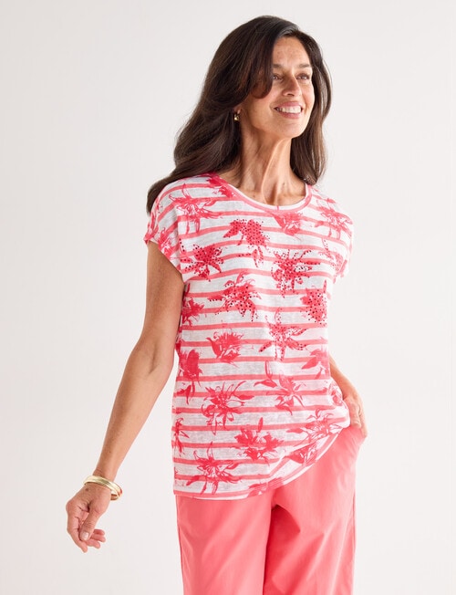 Ella J Printed Sparkle Tee, Coral Stripe product photo