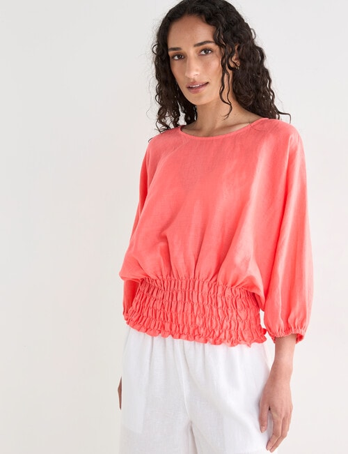 Zest Linen Shirred Waist Top, Coral product photo