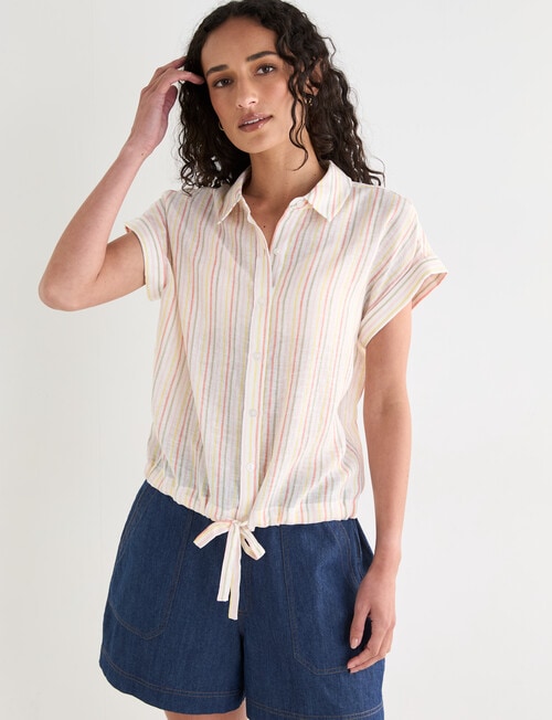 Zest Linen Blend Multi Stripe Draw Hem Shirt, Beige product photo