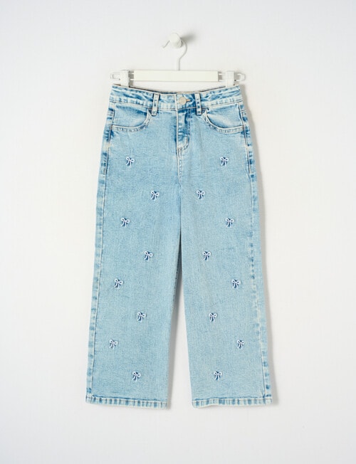 Mac & Ellie Embroidered Bows Wide Leg Jean, Washed Blue product photo