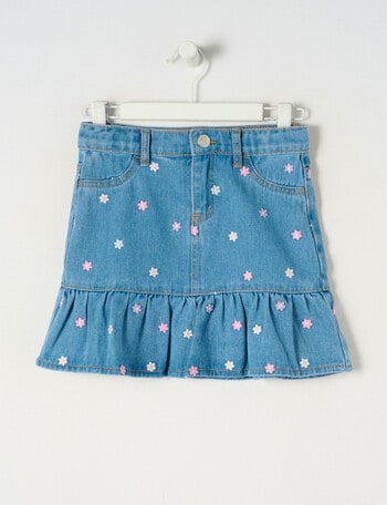 Mac & Ellie Denim Embroidered Floral Skirt, Mid Blue product photo