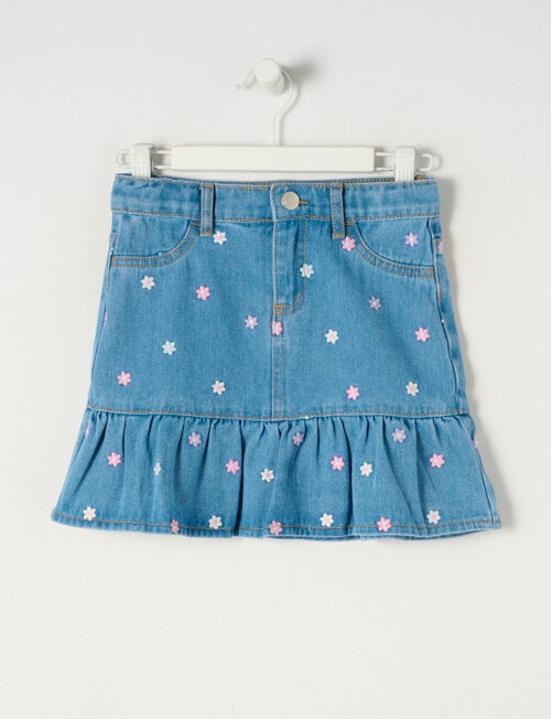Mac & Ellie Denim Embroidered Floral Skirt, Mid Blue product photo