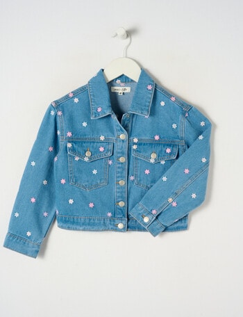 Mac & Ellie Denim Embroidered Flower Jacket, Mid Blue product photo