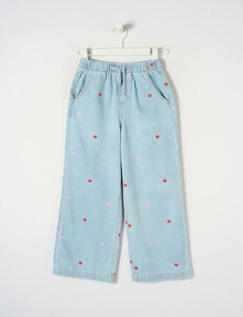 Mac & Ellie Embroidered Hearts Pull On Wide Leg Jean, Light Blue product photo