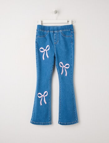 Mac & Ellie Embroidered Bows Flare Jegging, Mid Blue product photo
