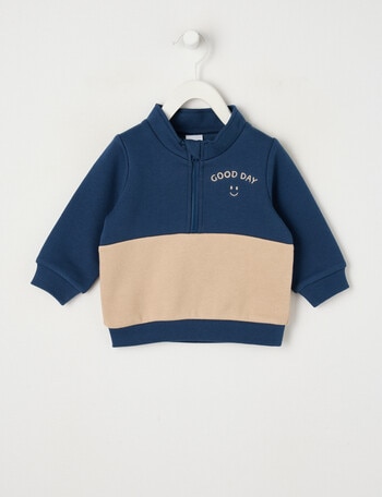 Teeny Weeny Play Time Fleece Quarter Zip Sweatshirt, Navy & Blonde Wood product photo