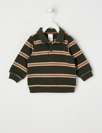 Teeny Weeny Play Time Striped Fleece Polo Sweatshirt, Forrest Green & Tea Stain product photo