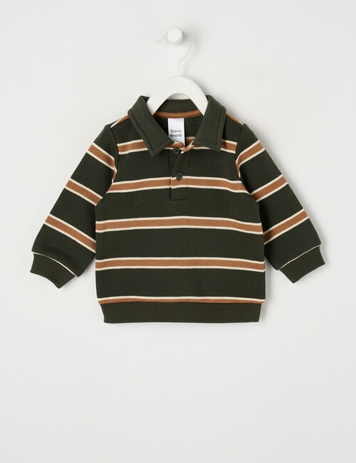 Teeny Weeny Play Time Striped Fleece Polo Sweatshirt, Forrest Green & Tea Stain product photo