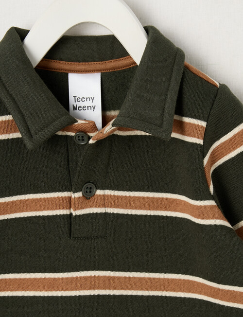 Teeny Weeny Play Time Striped Fleece Polo Sweatshirt, Forrest Green & Tea Stain product photo View 02 L