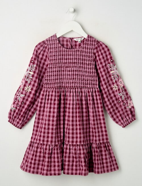 Mac & Ellie Gingham Embroidered Long Sleeve Dress, Magenta & Berry product photo
