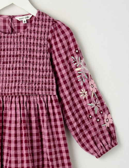 Mac & Ellie Gingham Embroidered Long Sleeve Dress, Magenta & Berry product photo View 02 L