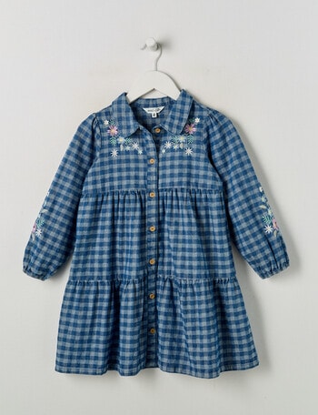 Mac & Ellie Long Sleeve Embroidered Denim Check Dress, Mid Blue product photo