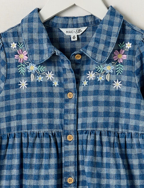 Mac & Ellie Long Sleeve Embroidered Denim Check Dress, Mid Blue product photo View 02 L