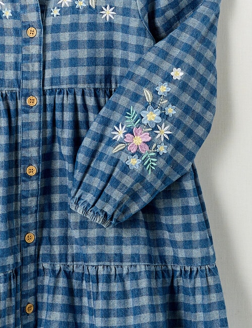 Mac & Ellie Long Sleeve Embroidered Denim Check Dress, Mid Blue product photo View 04 L