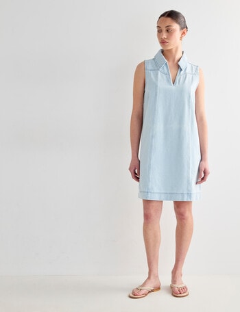 Mineral Song Denim Collared Mini Dress, Bleached Blue product photo