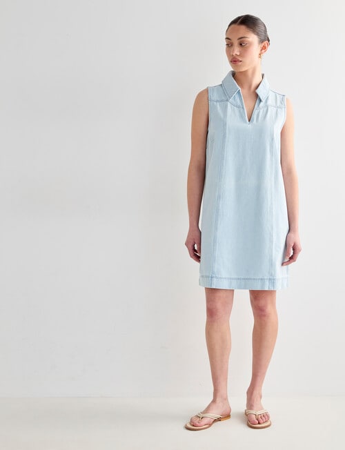 Mineral Song Denim Collared Mini Dress, Bleached Blue product photo