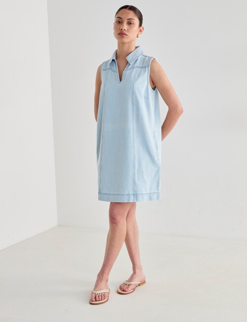 Mineral Song Denim Collared Mini Dress, Bleached Blue product photo View 06 L