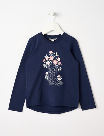 Mac & Ellie Embroidered Cowboy Boot Long Sleeve Tee, Navy product photo
