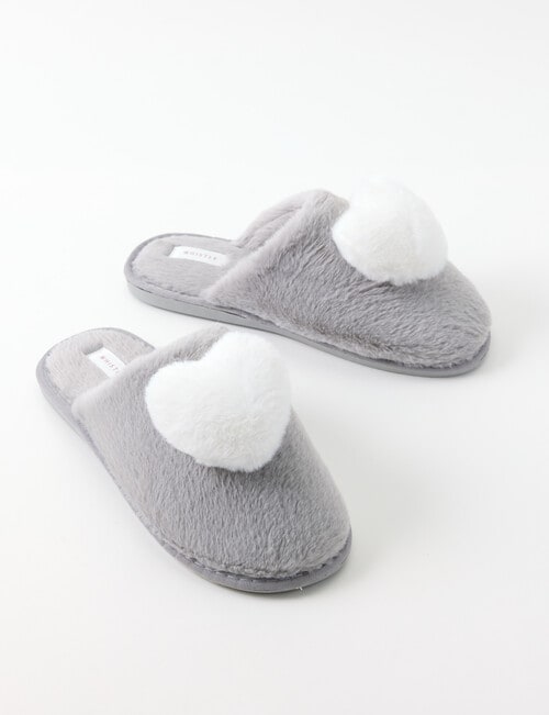 Whistle Accessories Faux Fur Heart Mule Slippers, Grey & Ivory product photo