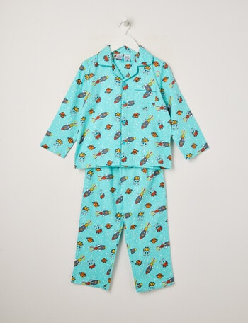 Sleep Mode Space Explorer Flannel PJ Set, Aqua, 2-8 product photo
