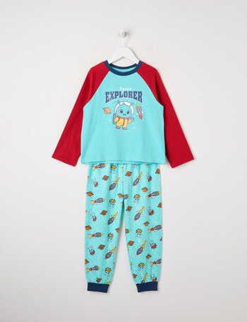 Sleep Mode Space Explorer Knit Flannel PJ Set, Aqua, 2-8 product photo